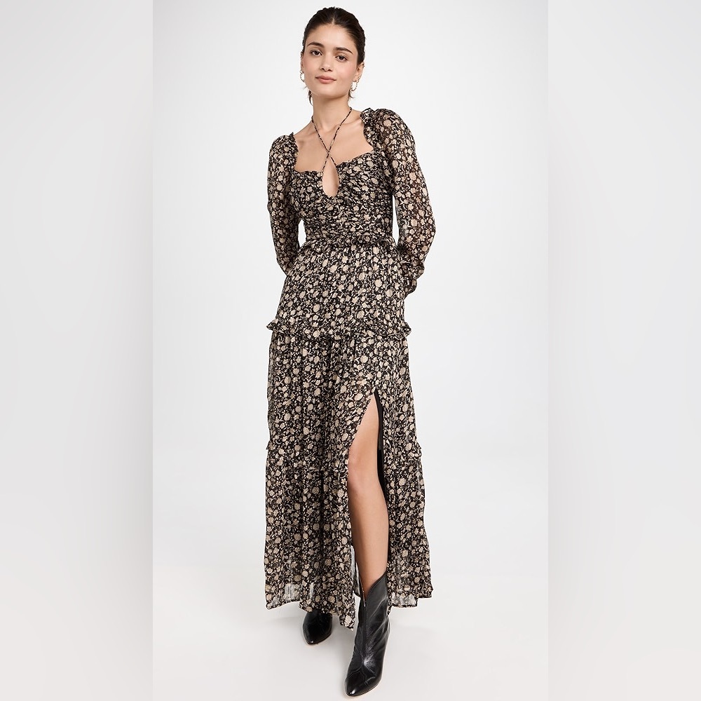 ASTR the Label Lovestruck Floral Maxi Dress Black Tan Slit Ruffle Boho Medium - Picture 6 of 15